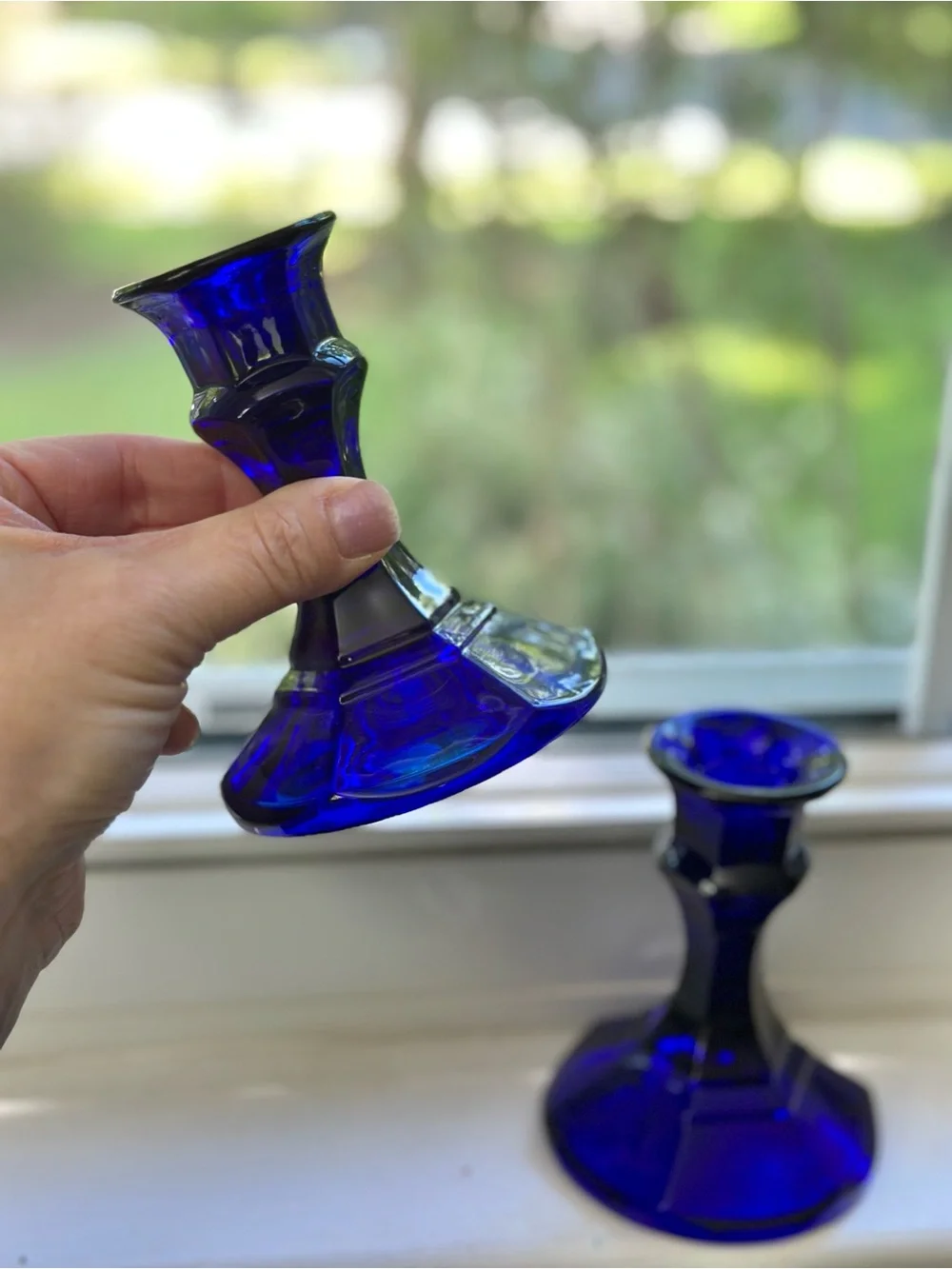 Vintage Cobalt Blue Glass Candlestick Pair